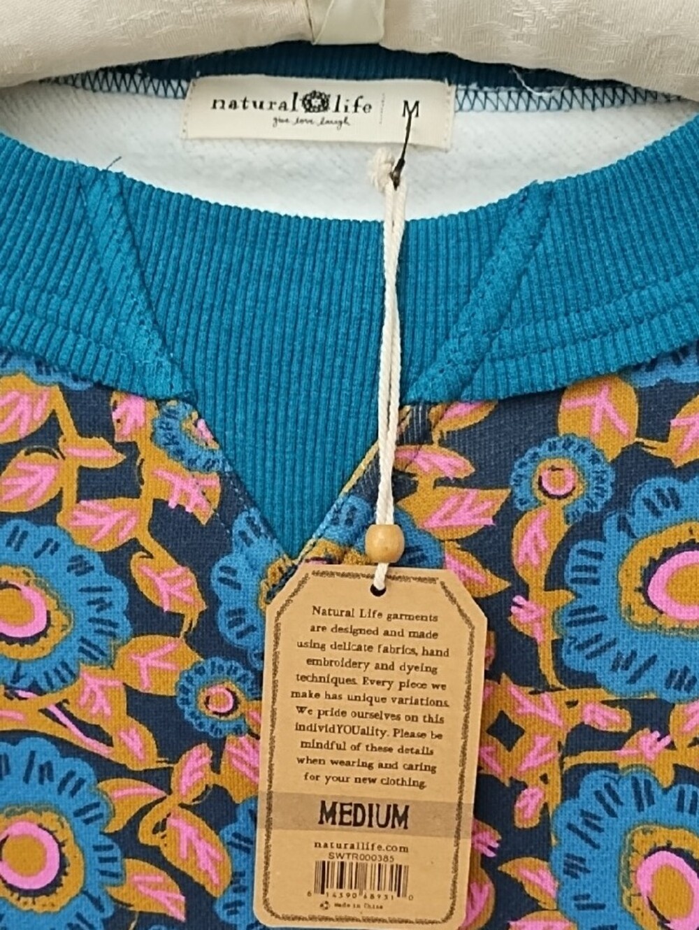 NATURAL LIFE Floral Pullover Sweatshirt in Teal and Pink - Picture 2 of 4